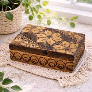 Vintage Handcrafted Wooden Trinket Box With Floral Carved Lid & Scroll Detail